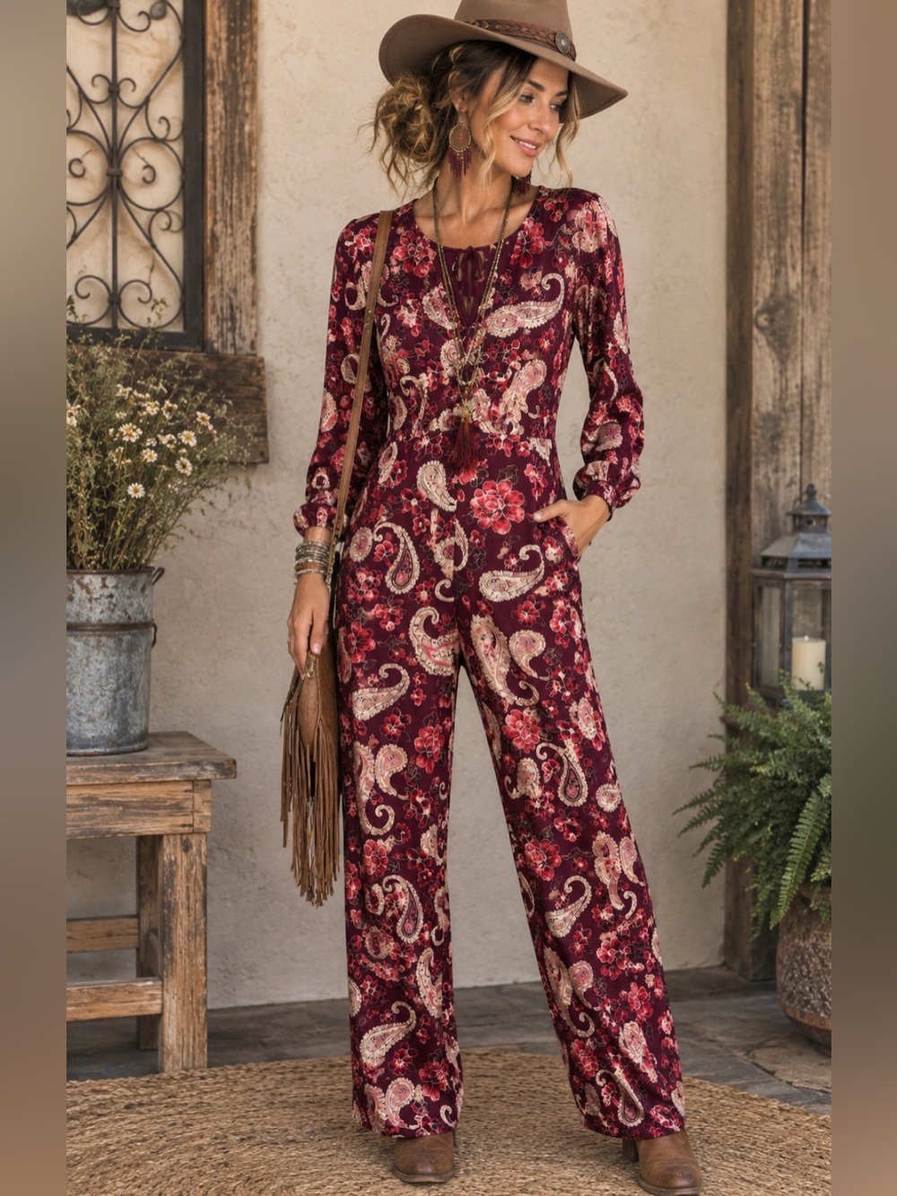 Chelsea & Violet Women’s Burgundy Paisley Jumpsuit Long Sleeve Size XS NWT